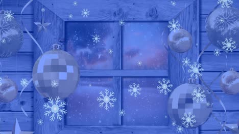 Animation-of-snowflakes-over-window-with-baubles-and-winter-landscape