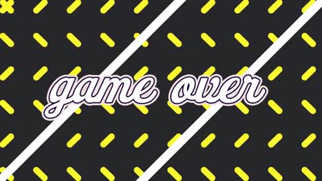 Animation-of-game-over-text-in-white-with-white-stripes-and-yellow-moving-shapes-on-black-background
