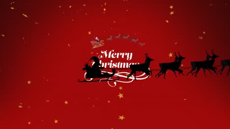 Animation-of-golden-stars-over-merry-christmas-text-banner-against-red-background