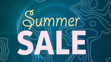 Animation-of-summer-sale-text-in-yellow-and-pink-letters-over-white-map-lines-in-background