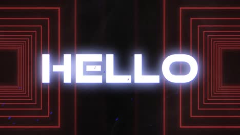 Animation-of-hello-text-in-white-over-red-concentric-squares-moving-on-black-background