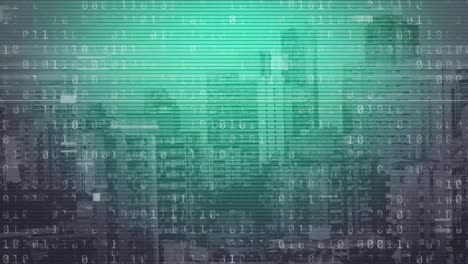 Animation-of-binary-data-processing-on-green-lined-screen-over-modern-cityscape
