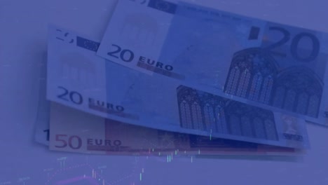 Animation-of-financial-data-processing-over-euro-bills-on-white-background