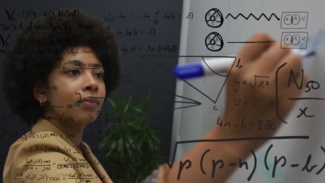 Animation-of-mathematical-equations-over-african-american-businesswoman-in-office