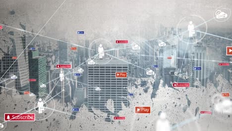 Animation-of-network-of-connections-and-social-media-icons-over-cityscape