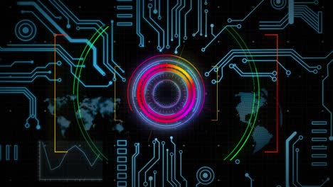 Animation-of-circular-scanner-and-processing-data-on-interface-over-motherboard-on-black-background