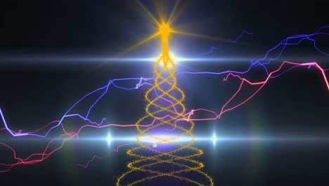 Animation-Elektrischer-Ströme-über-Dem-Weihnachtsbaum-Auf-Schwarzem-Hintergrund