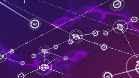 Animation-of-network-of-digital-icons-over-purple-digital-waves-against-gradient-background