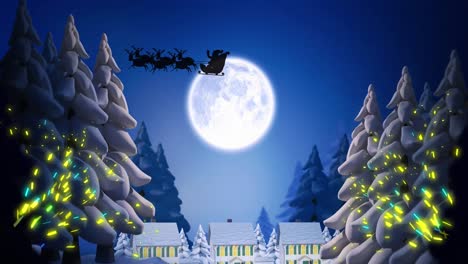 Animation-of-yellow-light-trails-over-santa-claus-in-sleigh-with-reindeer-in-winter-scenery