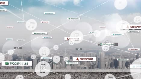 Animation-of-network-of-connections-and-social-media-icons-over-cityscape