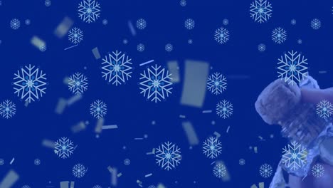 Animation-Von-Weihnachtskonfetti-Und-Champagner-über-Fallendem-Schnee