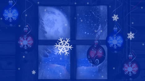Animation-Von-Weihnachtskugeln-über-Fallendem-Schnee