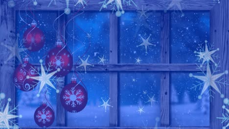 Animation-of-christmas-baubles-and-snow-falling