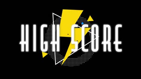 Animation-of-high-score-text-in-white,-with-yellow-lightning-bolt-and-shapes-on-black-background