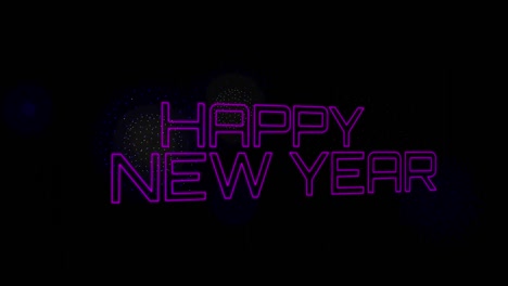 Animation-of-happy-new-year-text-over-shapes-and-fireworks-on-black-backrgound