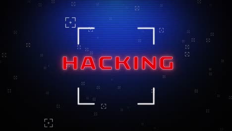 Animation-of-hacking-text-in-red-with-square-scopes-on-dark-blue-lined-screen