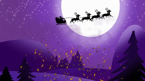 Animation-of-confetti-over-santa-claus-in-sleigh-with-reindeer-in-winter-scenery