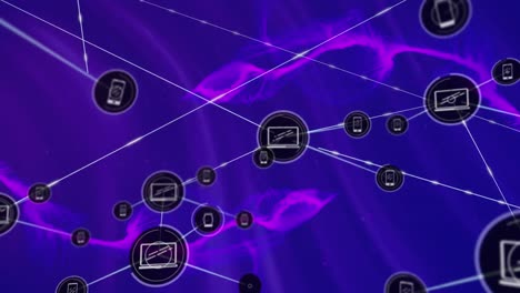 Animation-of-network-of-digital-icons-over-purple-digital-waves-against-blue-background
