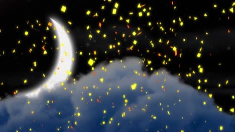 Animation-of-confetti-falling-over-christmas-winter-scenery-with-crescent-moon