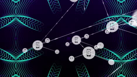 Animation-Eines-Netzwerks-Digitaler-Symbole-über-Kaleidoskopischen-Mustern-Vor-Schwarzem-Hintergrund