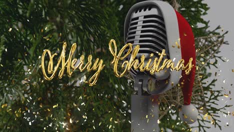Animation-of-christmas-greetings-text-over-christmas-tree-and-retro-microphone-with-santa-hat