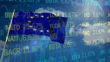 Animation-of-stock-market-data-processing-and-globe-over-waving-eu-flag-against-clouds-in-blue-sky