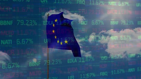 Animation-of-stock-market-data-processing-over-waving-eu-flag-against-mosaic-squares-and-blue-sky