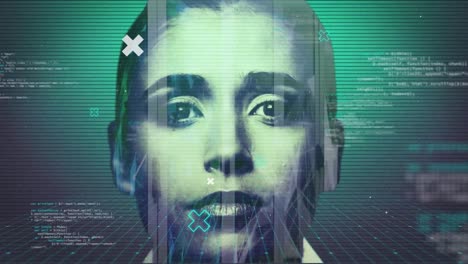 Animation-of-digital-portrait-of-caucasian-woman-over-data-processing-on-green-lined-screen