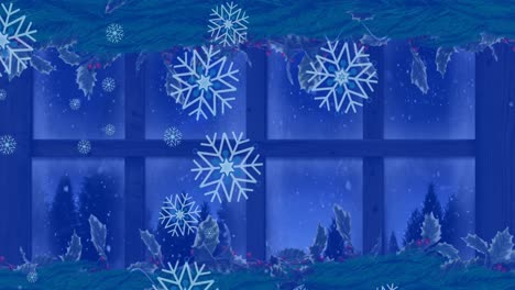 Animation-of-christmas-trees-over-snow-falling