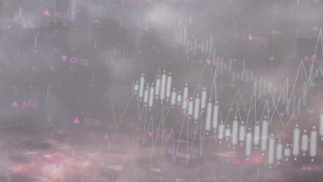 Animation-Der-Finanzdatenverarbeitung-über-Dem-Himmel-Mit-Wolken-Und-Regen