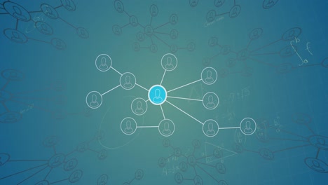 Animation-of-network-of-connections-with-icons-over-mathematical-equations-on-blue-background