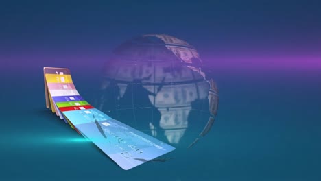 Animation-of-light-trails-over-globe-of-dollar-bills-spinning-and-credit-cards-on-blue-background