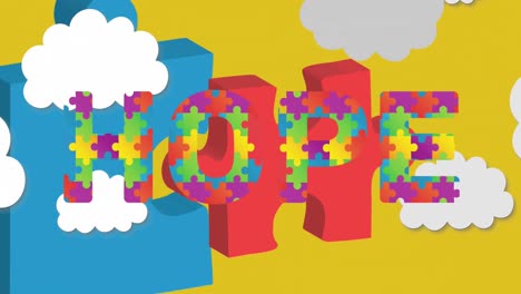 Animation-of-hope-text-with-puzzle-pieces-over-clouds-on-yellow-background