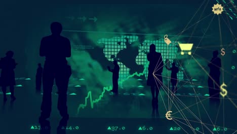 Animation-of-financial-data-processing-and-business-people-silhouettes-on-black-background