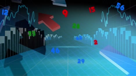 Animation-of-financial-data-processing-with-numbers-and-arrows-on-black-background
