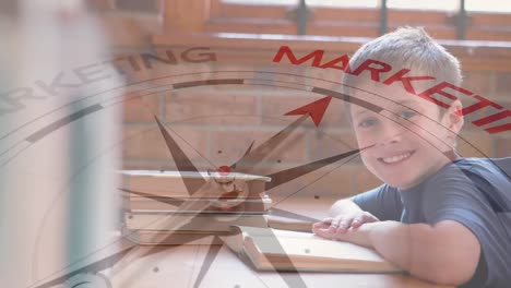 Animation-of-compass-with-text-over-caucasian-boy-reading-book