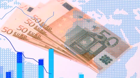Animation-Der-Finanzdatenverarbeitung-Und-Weltkarte-über-Banknoten-Auf-Weißem-Hintergrund