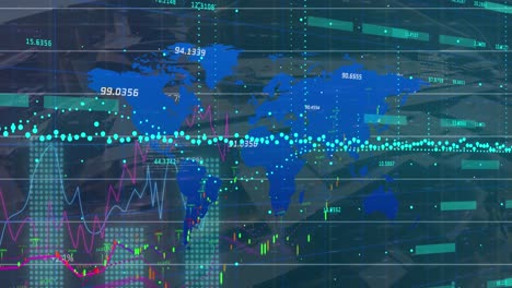 Animation-of-financial-data-processing-over-world-map-on-black-background