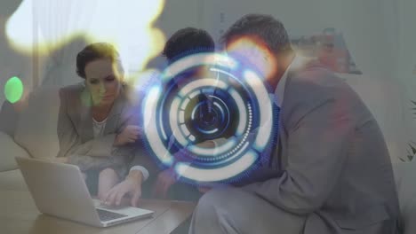 Animation-of-neon-round-scanner-and-spots-of-light-over-diverse-businesspeople-discussing-at-office
