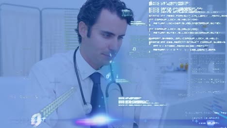 Animation-of-data-processing-against-caucasian-male-doctor-using-computer-at-hospital