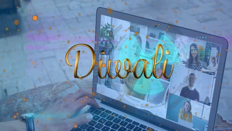 Animation-Von-Diwali-Texten-Und-Spots-über-Verschiedenen-Geschäftsleuten,-Die-Videoanrufe-Führen