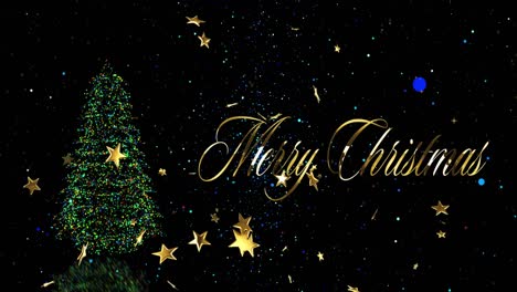 Animation-of-christmas-greetings-text-over-christmas-tree-and-gold-stars