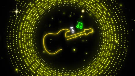 Animation-of-neon-gitarre-over-flashing-yellow-light-pattern