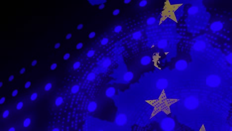 Animation-Der-Europakarte,-Der-Flagge-Der-Europäischen-Union-Und-Der-Zahlenverarbeitung-über-Blauen-Kreisen