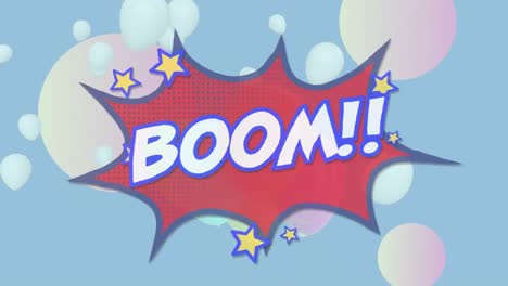 Animation-Eines-Boom-Textbanners-über-Einer-Sprechblase-Und-Luftballons,-Die-Vor-Blauem-Hintergrund-Schweben