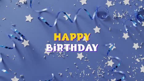 Animation-of-happy-birthday-text-over-party-streamers-and-stars-in-background
