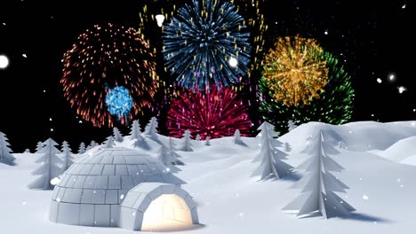 Animation-Von-Feuerwerkskörpern,-Die-über-Der-Winterlandschaft-Explodieren