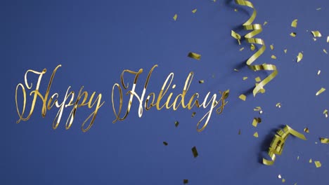 Animation-of-happy-holidays-text-over-confetti-and-party-streamers-on-blue-background