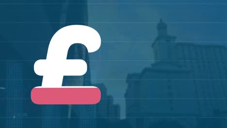 Animation-of-british-pound-sign-filling-up-with-pink-and-cityscape