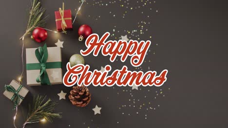 Animation-of-christmas-greetings-text-over-christmas-baubles-and-presents